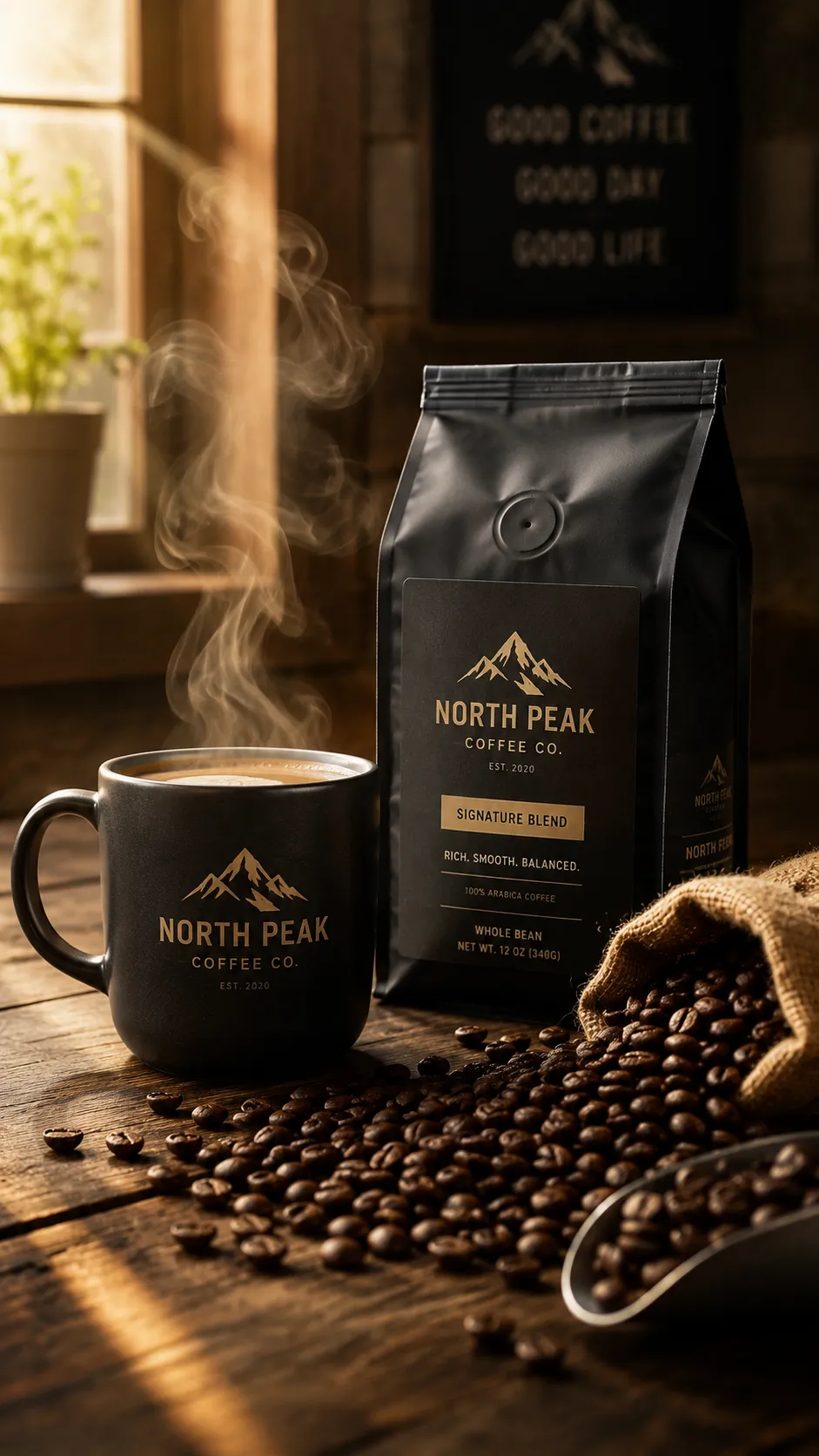 Coffee Cup and Packaging on Rustic Wooden Table
