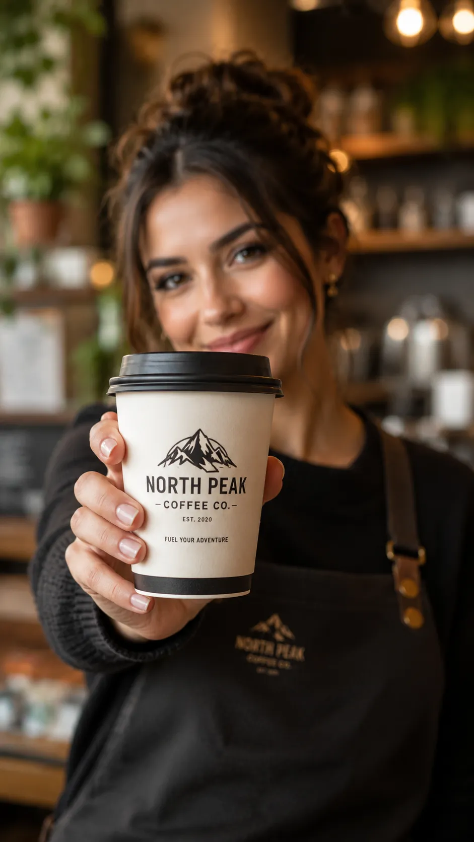 Woman Holding Coffee Cup with Branding Visible