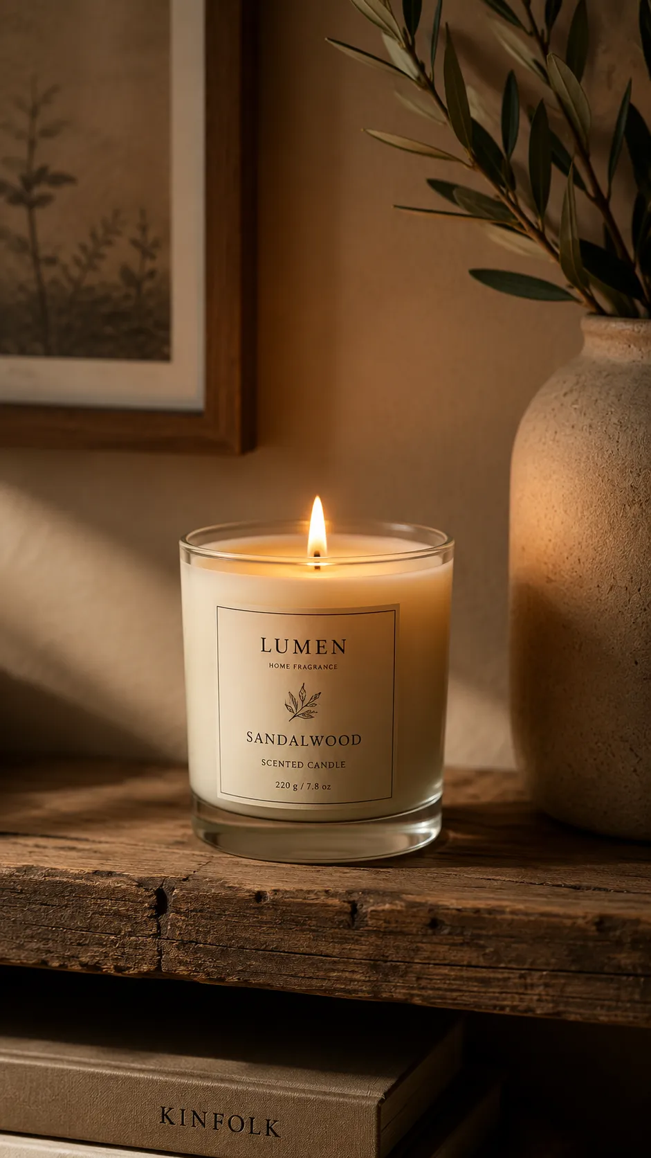 Scented Candle with Soft Glow on Rustic Shelf