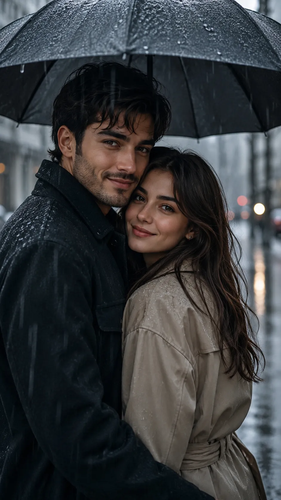 Couple Sharing an Umbrella in the Rain, Both Faces Visible