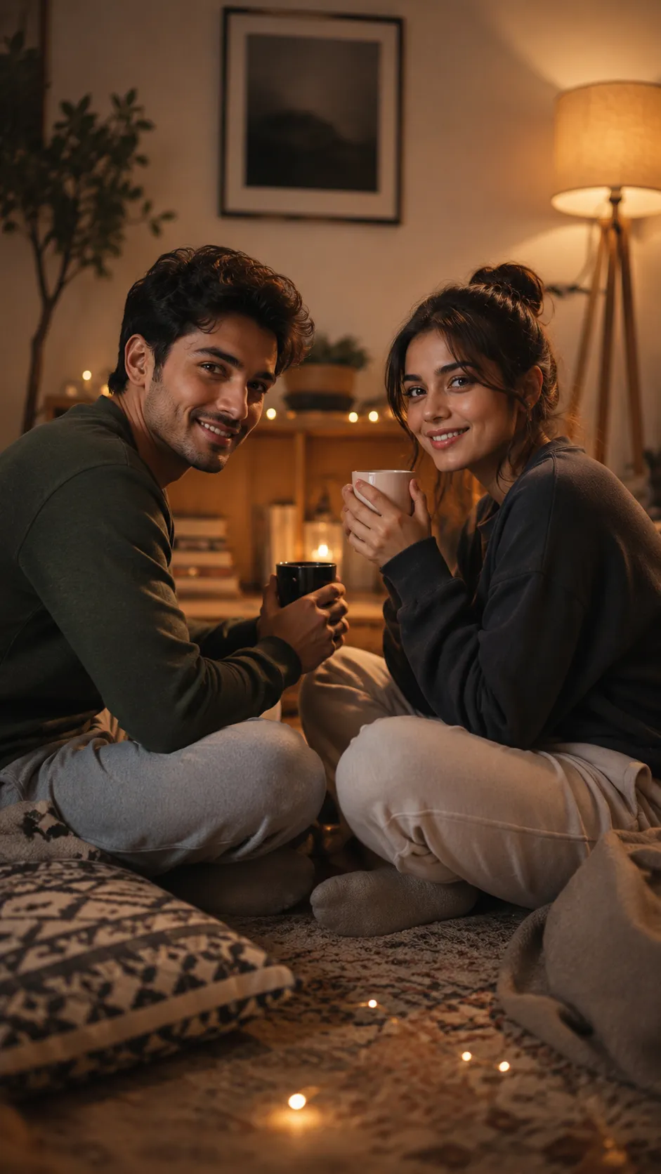 Couple Sitting Cross-legged Facing Each Other, Faces Visible