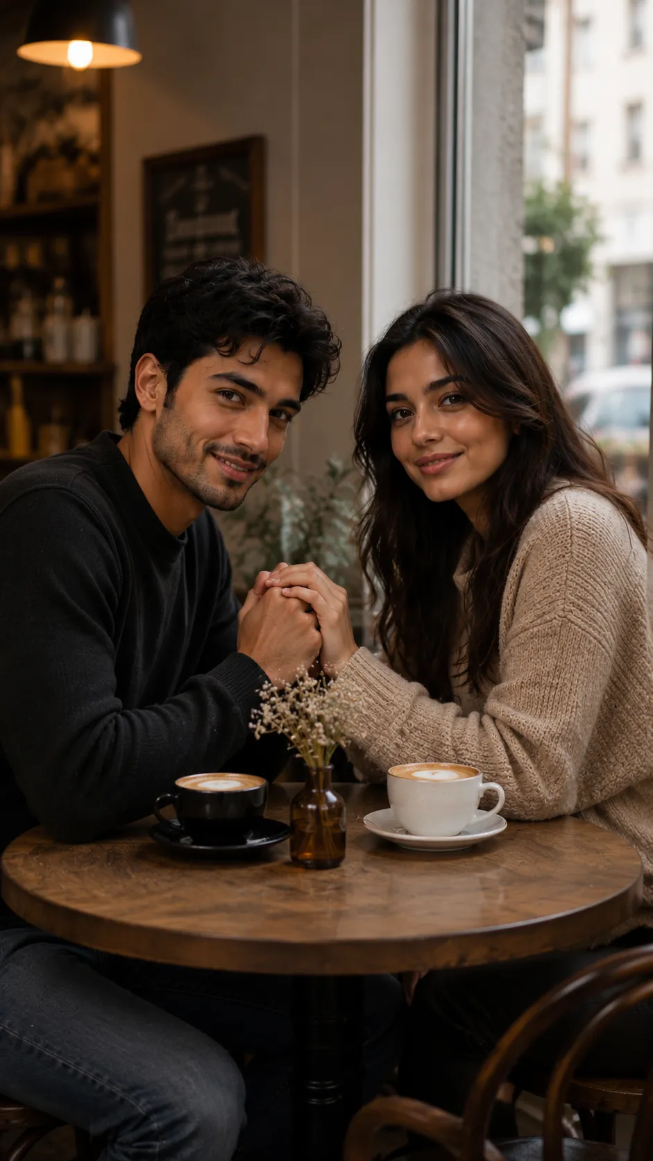 Couple Holding Hands Across a Cafe Table, Faces Visible