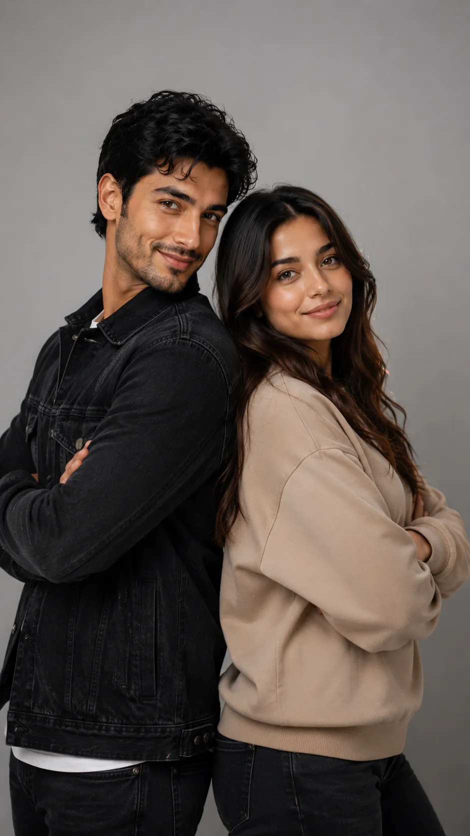 Couple Standing Back to Back, Faces Turned to Camera
