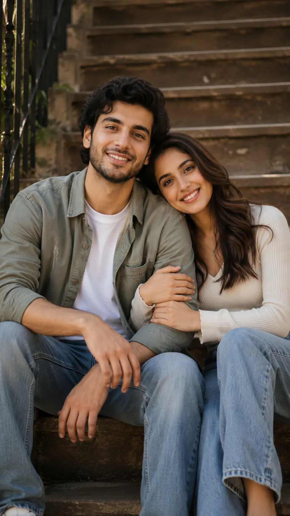 Couple Sitting on Stairs Together, Both Faces Visible
