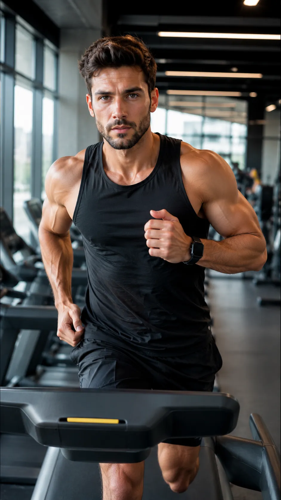 Man Running on Treadmill, Face Clearly Visible