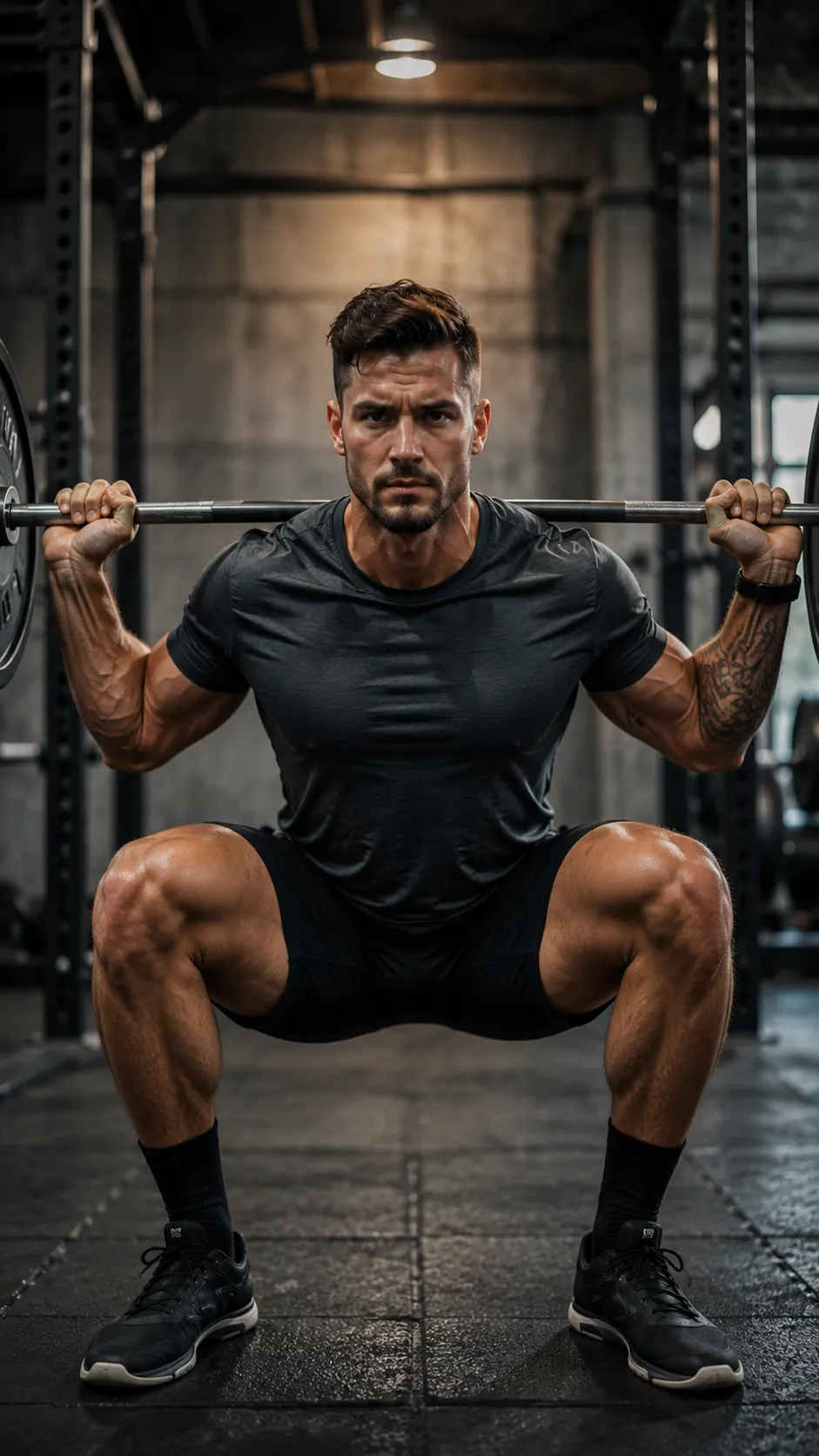 Man Doing a Barbell Squat, Face Clearly Visible