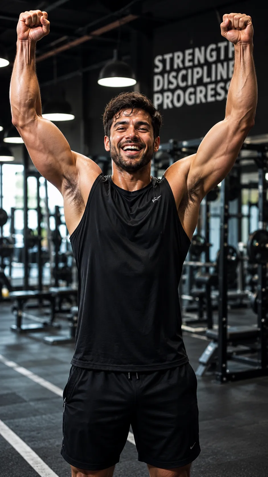 Man Doing a Victory Pose After Workout, Face Clearly Visible