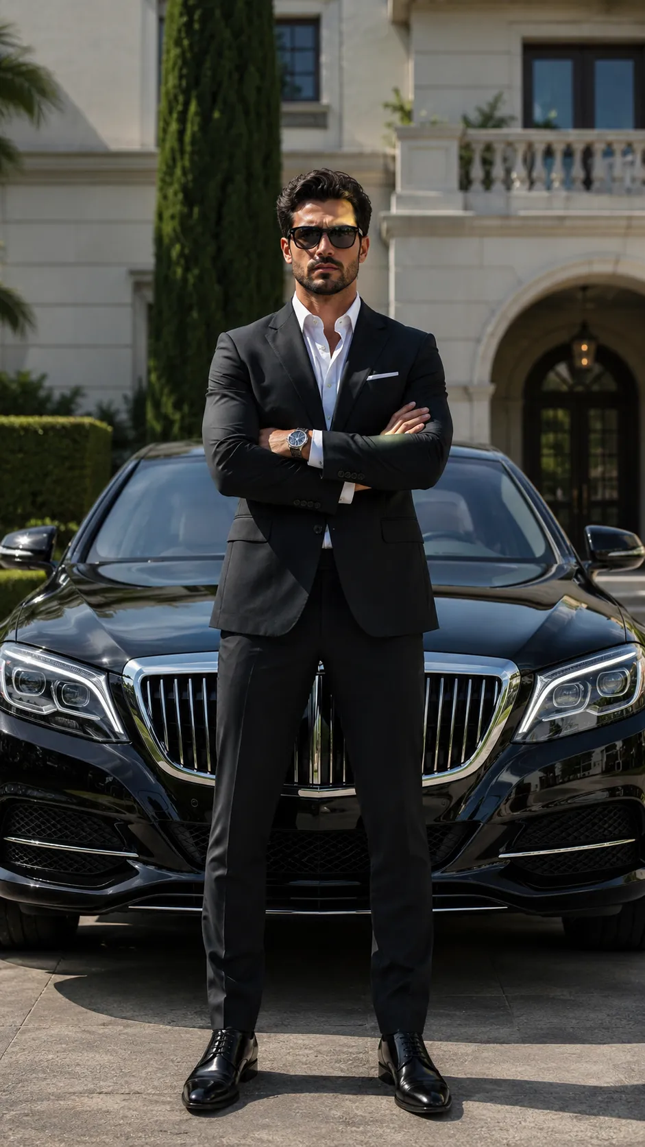 Man Standing in Front of Car with Arms Folded, Face Visible
