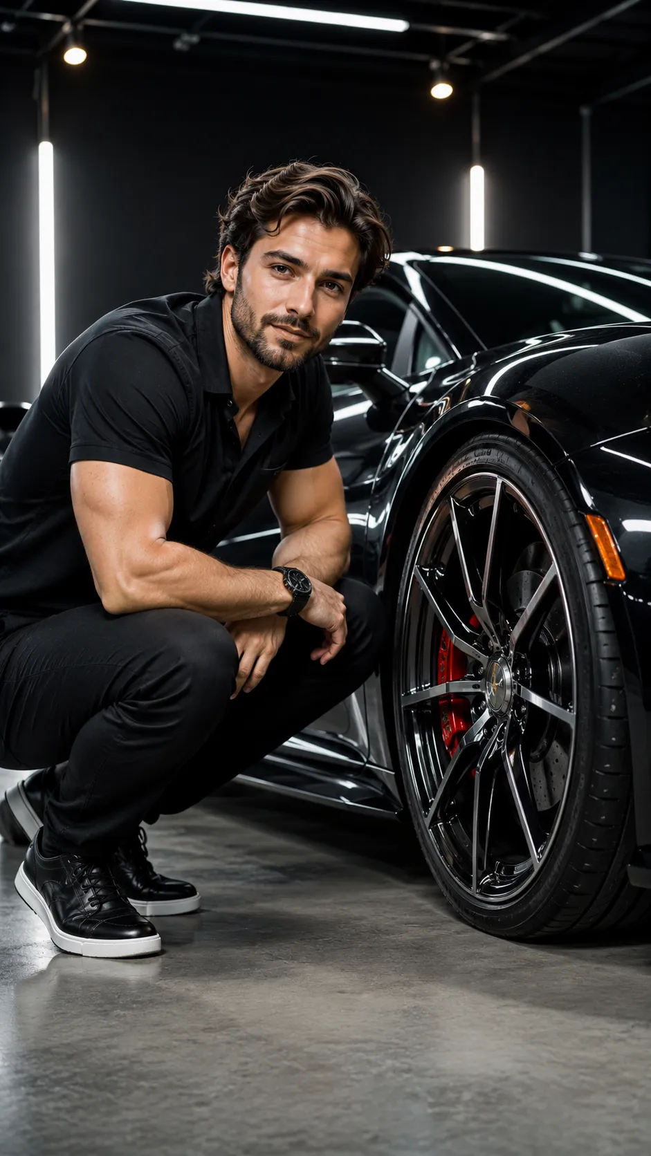 Man Crouching Beside Car Wheel, Face Clearly Visible