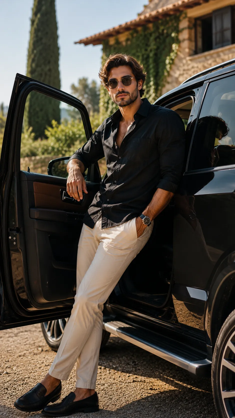 Man Reclining Against Car Door, Face Clearly Visible