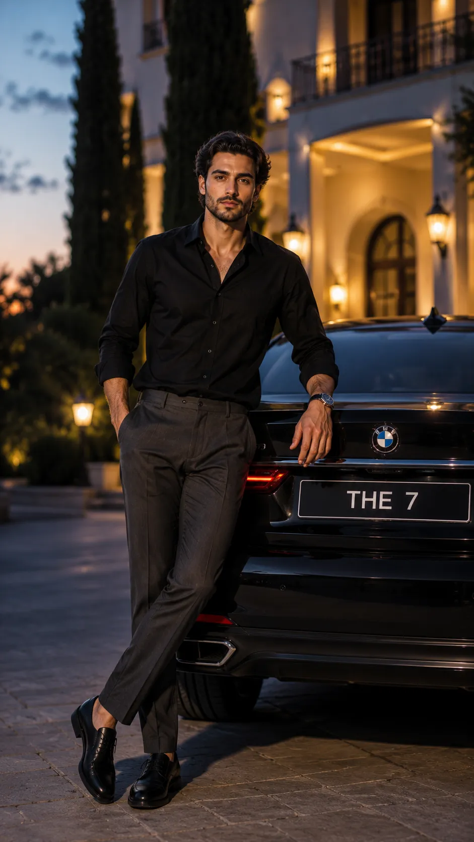 Man Standing Behind Car with Hand on Trunk, Face Visible