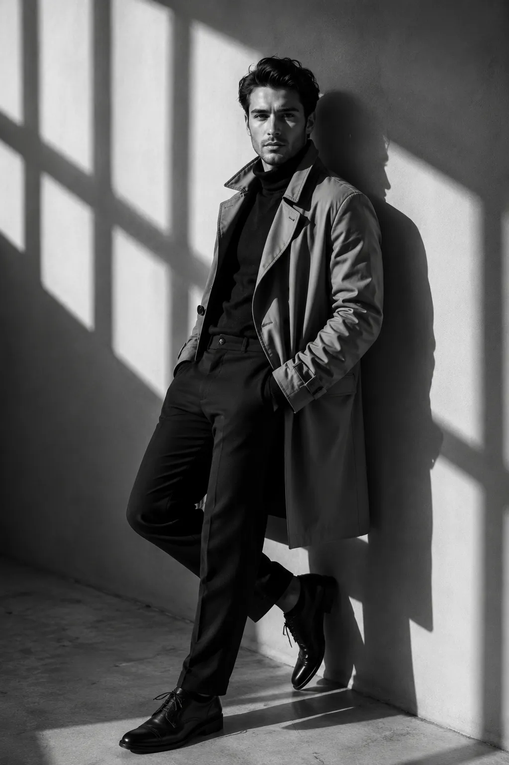 Cinematic Black and White Portrait of a Stylish Young Man Leaning Against a Studio Wall with Dramatic Window Shadows