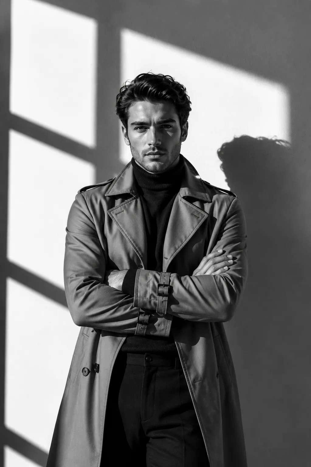 Black and White Fashion Portrait of a Young Man Standing with Folded Arms Under Dramatic Studio Window Light