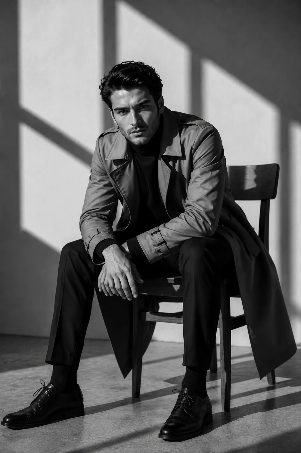 Fine Art Monochrome Portrait of a Fashionable Man Sitting on a Wooden Chair with His Face Clearly Visible