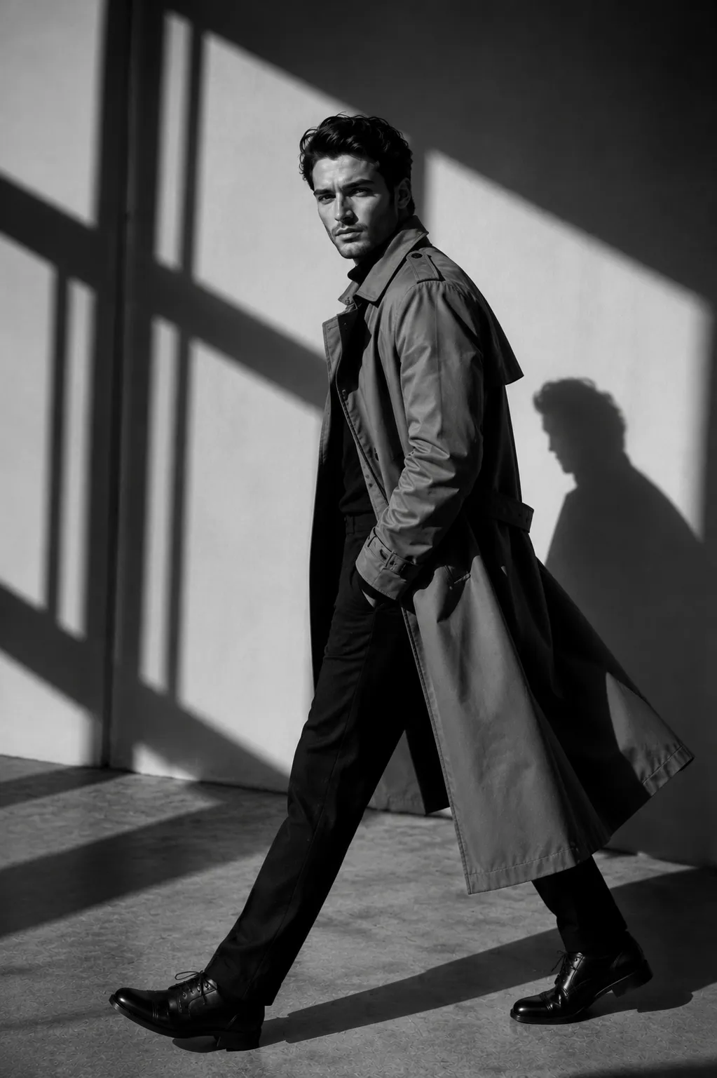 Cinematic Monochrome Photograph of a Man Walking Through Dramatic Window Light in a Minimalist Studio