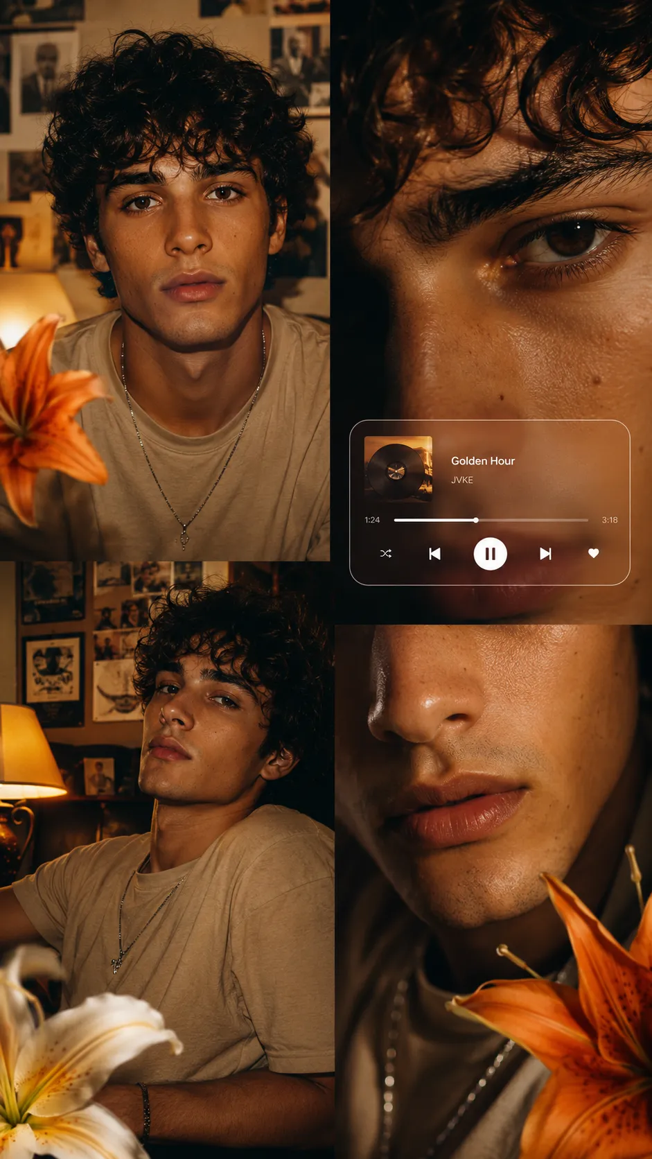 Cinematic Warm-tone Collage Portrait of a Stylish Young Man with Floral Elements and Music Player Aesthetic