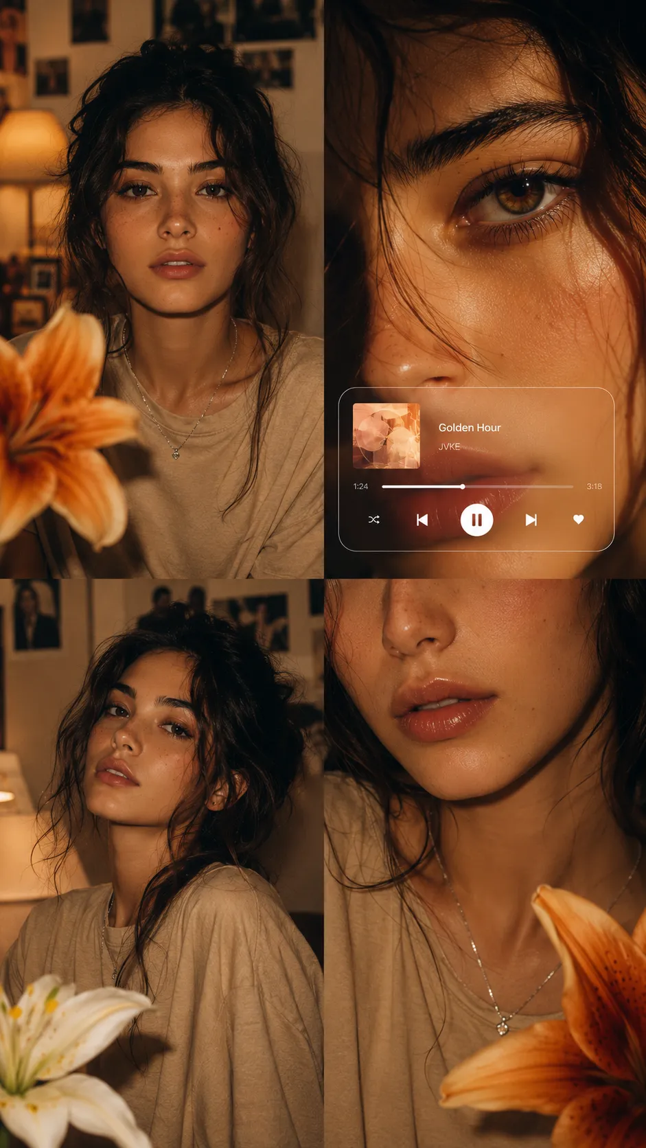 Cinematic Warm-tone Collage Portrait of a Beautiful Young Woman with Floral Elements and Music Player Aesthetic