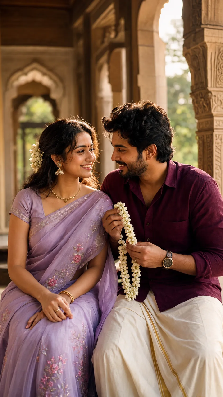 Romantic South Asian couple sitting together in a sunlit heritage corridor wearing traditional attire with warm cinematic lighting.