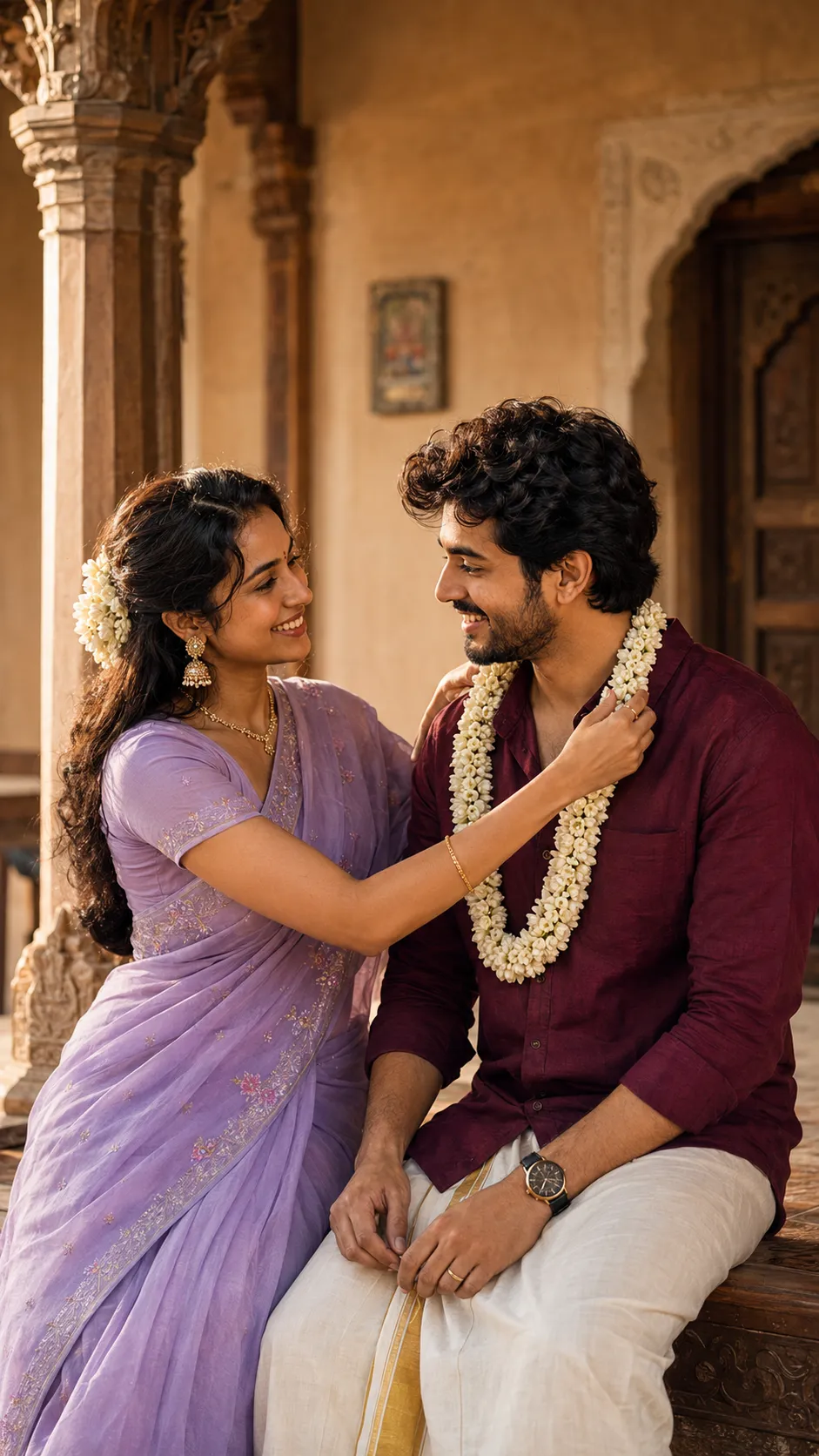 Traditional Indian couple exchanging a jasmine flower garland inside a beautifully lit heritage veranda during golden hour.