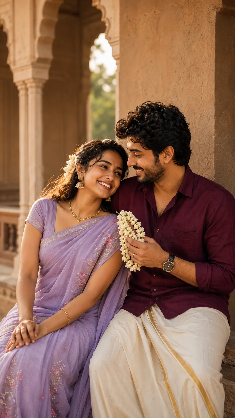 Happy South Asian couple sharing a candid moment in traditional clothing with warm natural sunlight and heritage architecture.