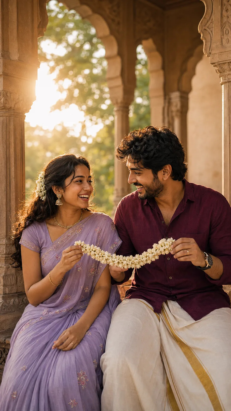 Traditional Indian couple laughing together while holding jasmine flowers in a softly lit heritage setting.
