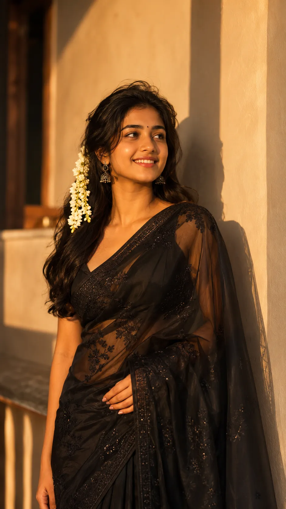 Elegant South Asian woman wearing a black saree standing in warm golden-hour sunlight with soft shadows and jasmine flowers in her hair.