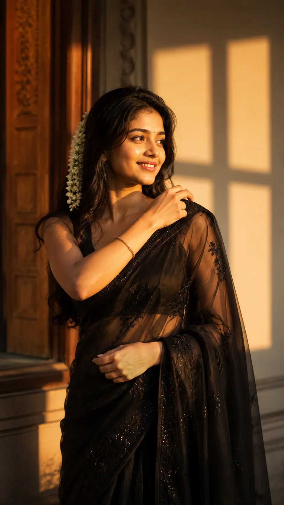 Traditional Indian woman smiling while adjusting her saree under soft golden sunlight with artistic wall shadows.