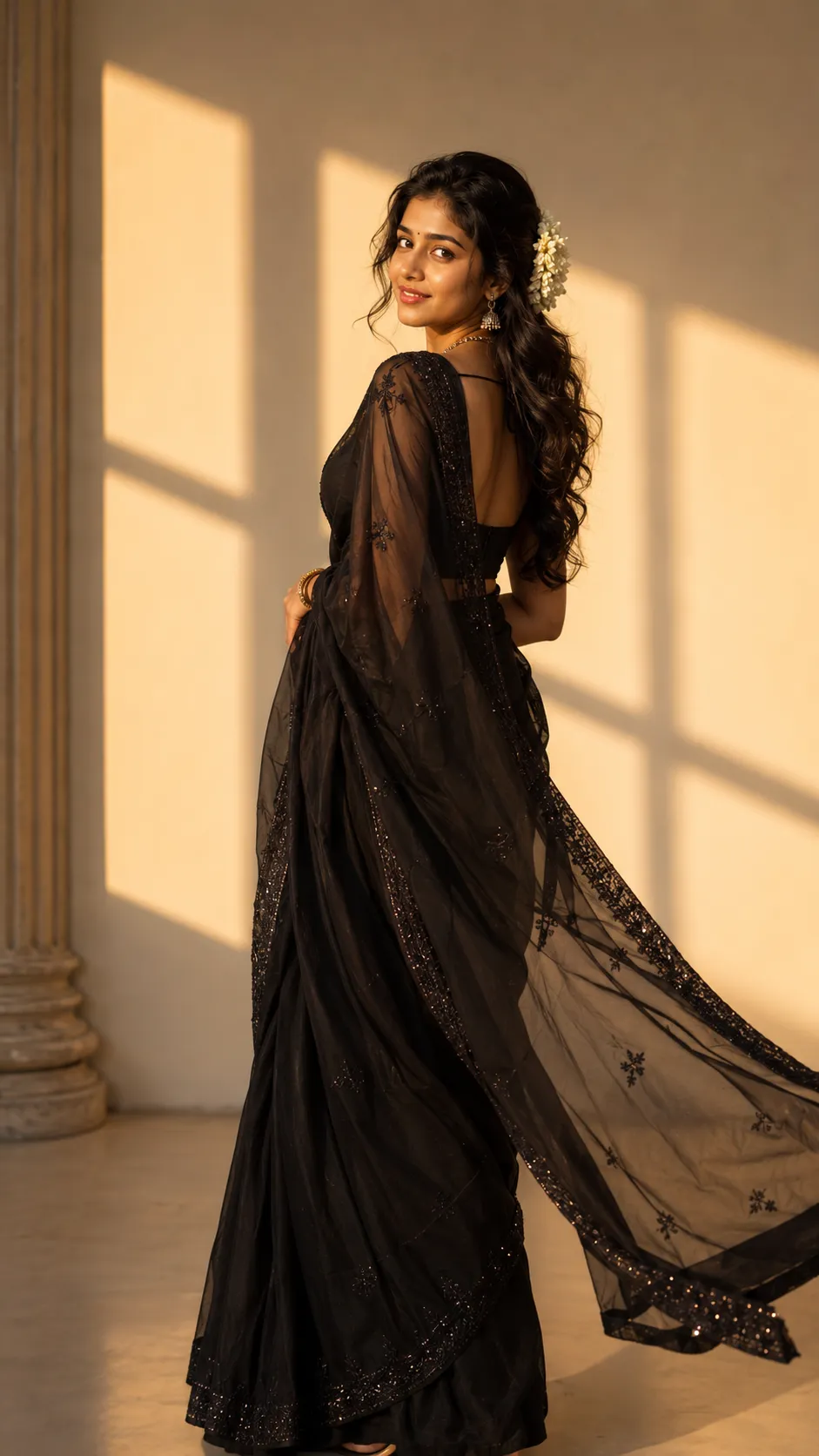 Elegant South Asian woman in a black saree looking over her shoulder in warm cinematic golden-hour light.
