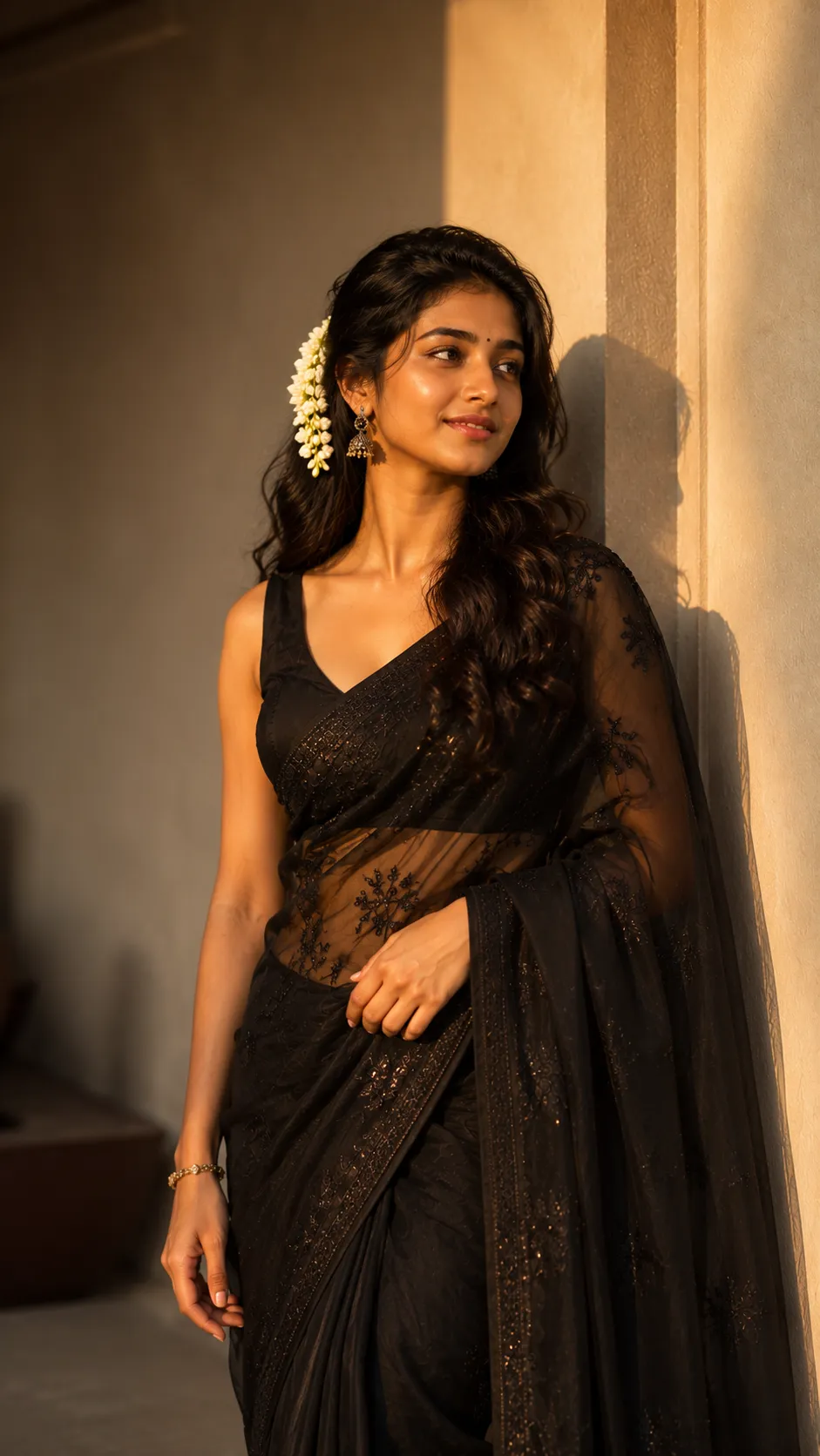Beautiful Indian woman in an elegant black saree softly illuminated by golden sunset light with premium editorial styling.