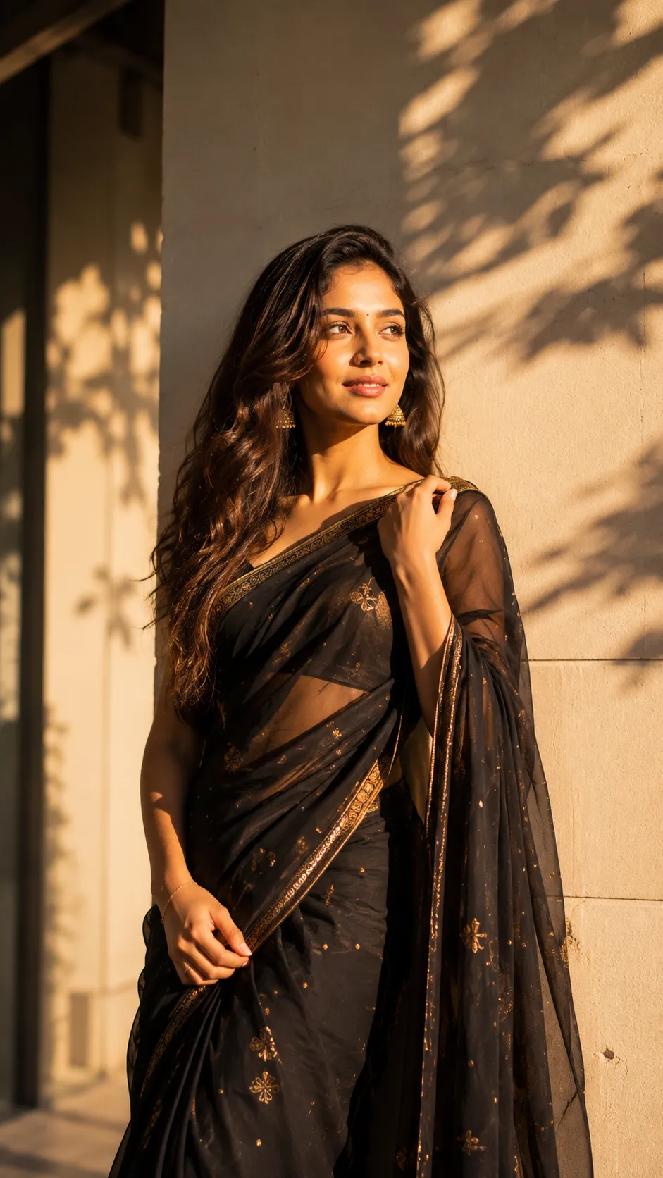 Luxury fashion portrait of a woman adjusting her black saree while standing in warm sunset light.