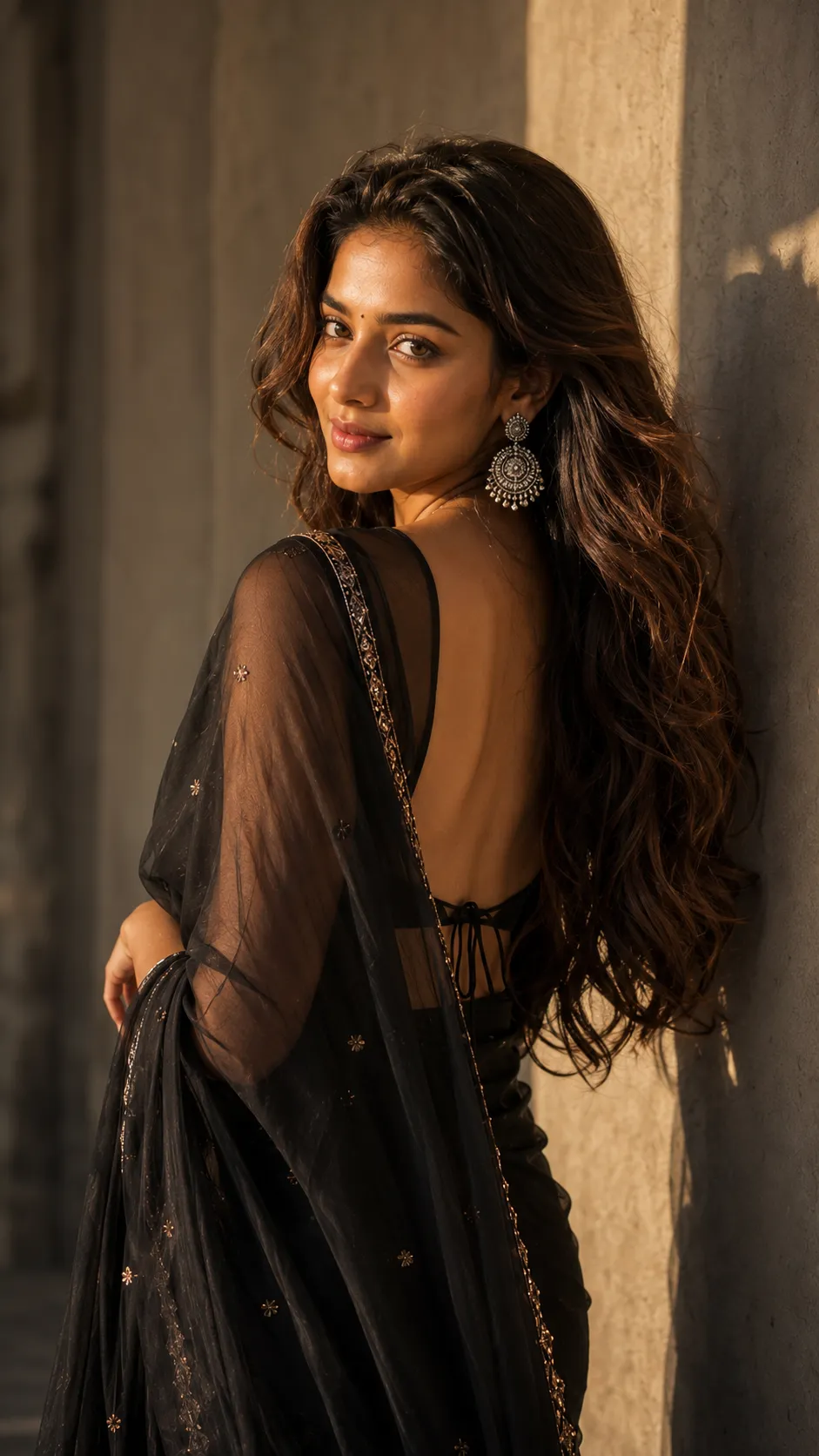Beautiful woman in a traditional black saree looking over her shoulder with warm golden sunlight and premium editorial styling.