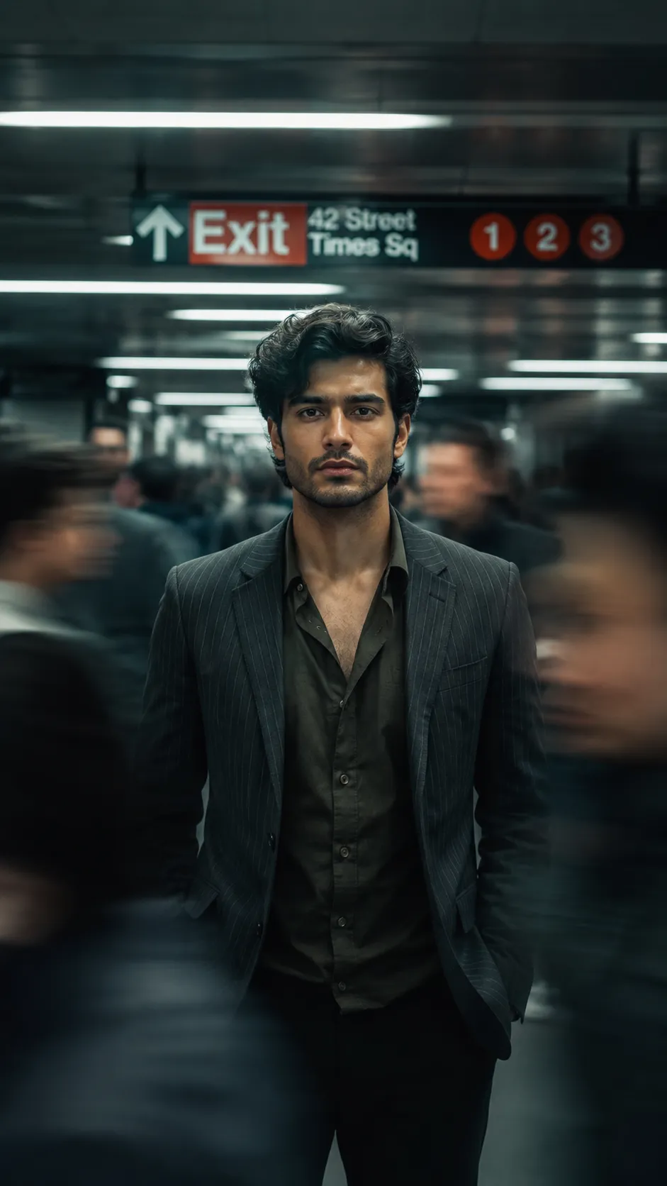 Cinematic portrait of a stylish young man standing still in a crowded subway with dramatic motion blur and moody lighting.