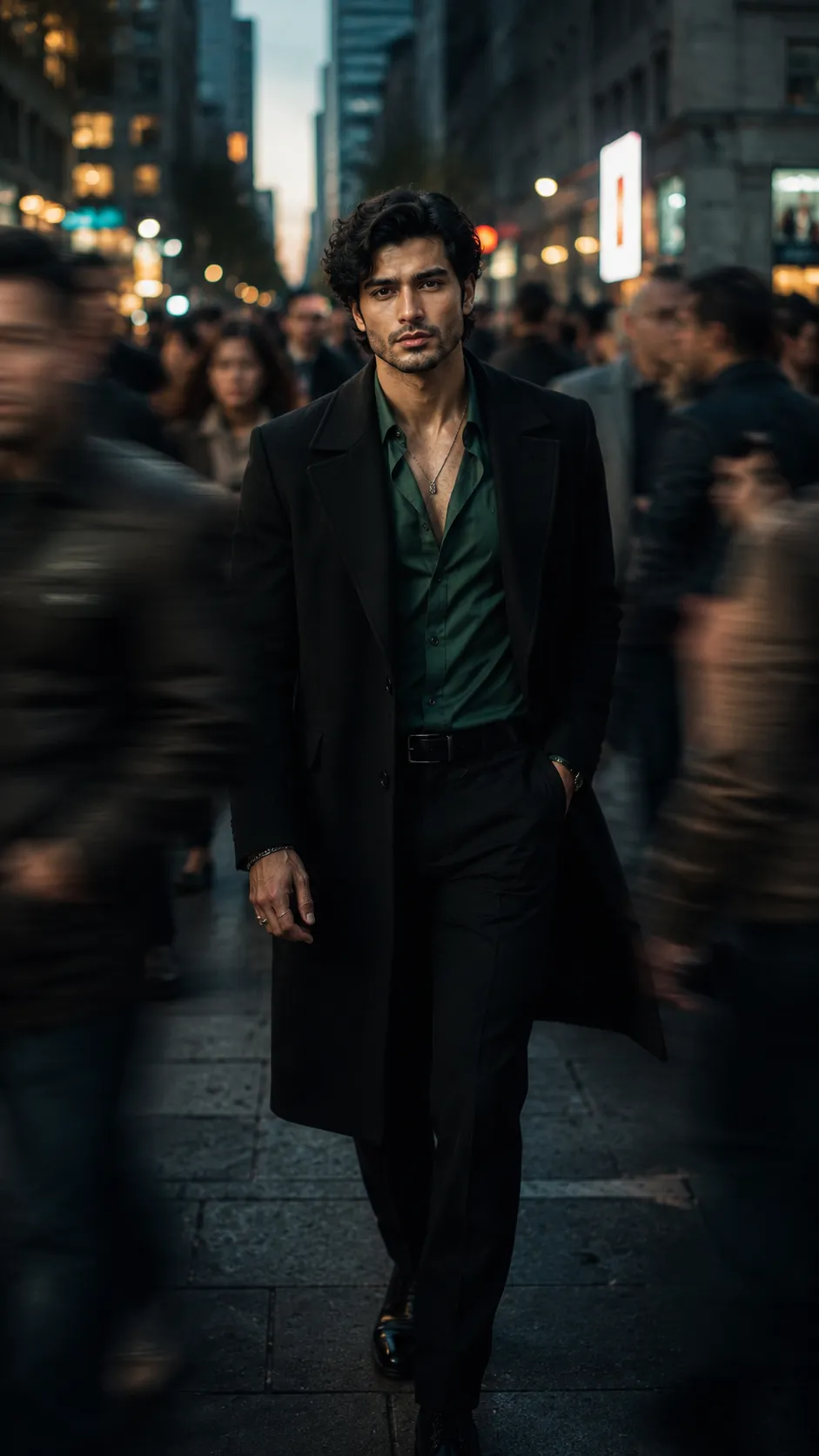 Fashionable young man walking through a busy city crowd with motion blur during blue hour in a cinematic editorial style.