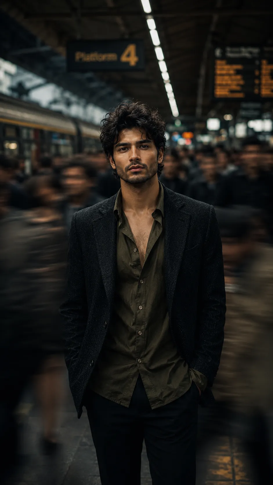 Moody editorial portrait of a young man standing in a crowded train platform with dramatic motion blur and cinematic lighting.