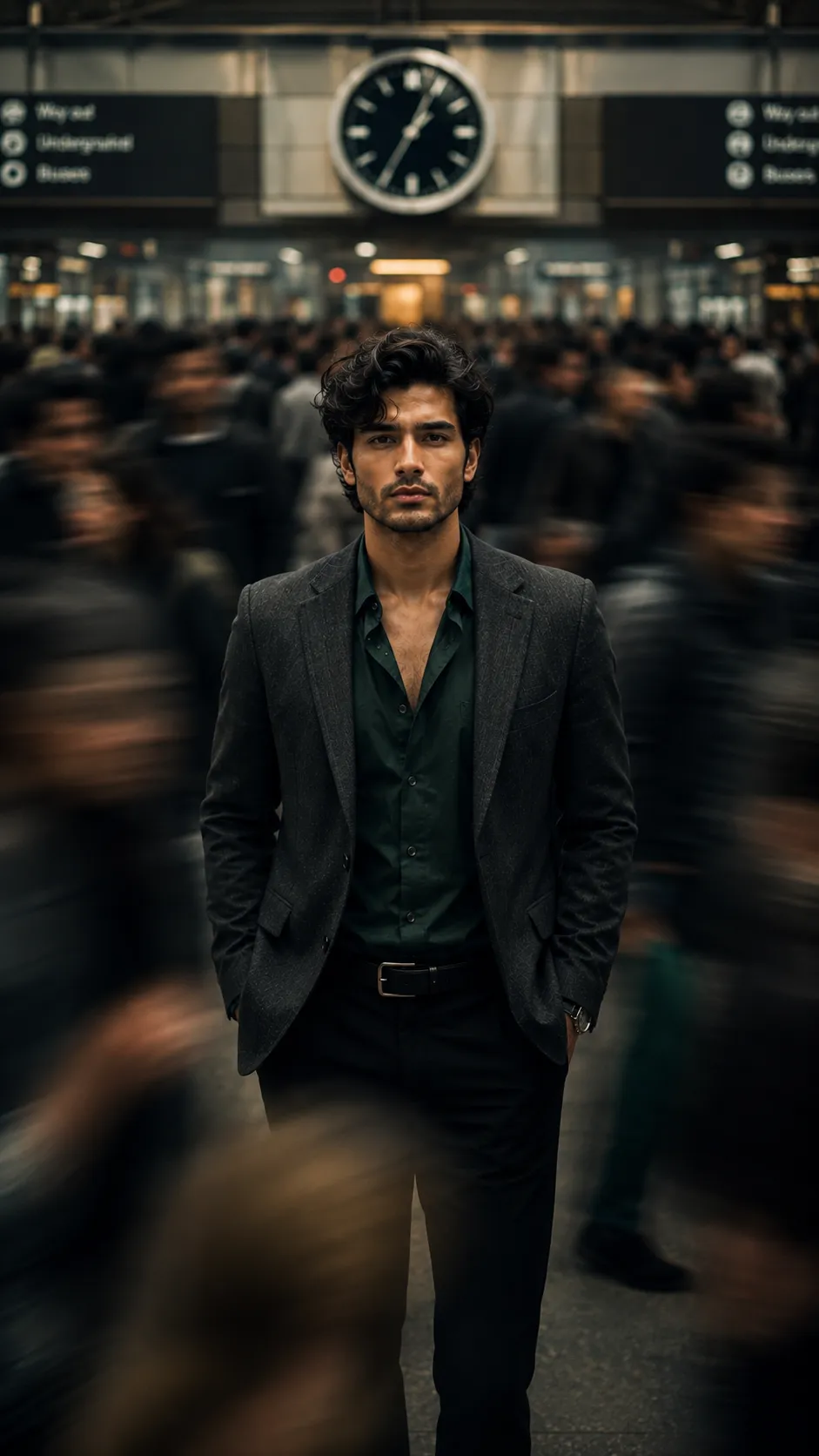 Editorial portrait of a confident young man standing still inside a modern transit station surrounded by blurred commuters.