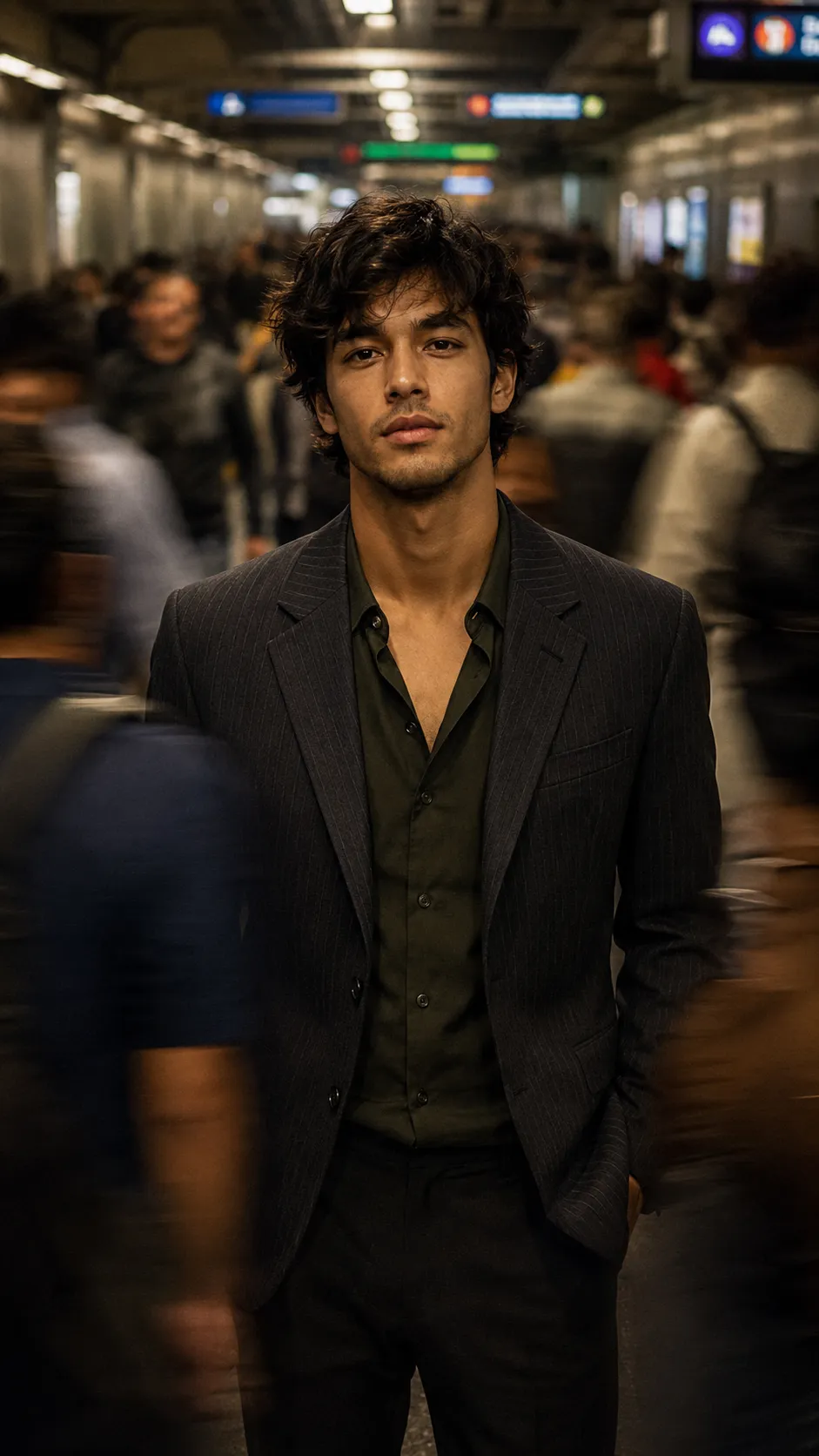 Cinematic Portrait of a Young Man Standing Still in a Crowded Subway Station with Dramatic Motion Blur