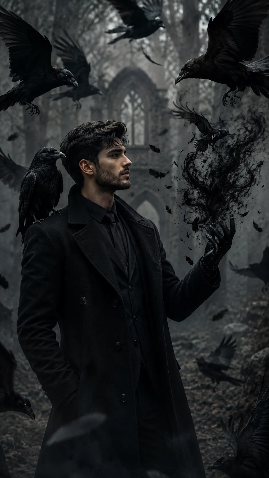 Dark Cinematic Portrait of a Mysterious Man Surrounded by Flying Ravens in a Gothic Forest