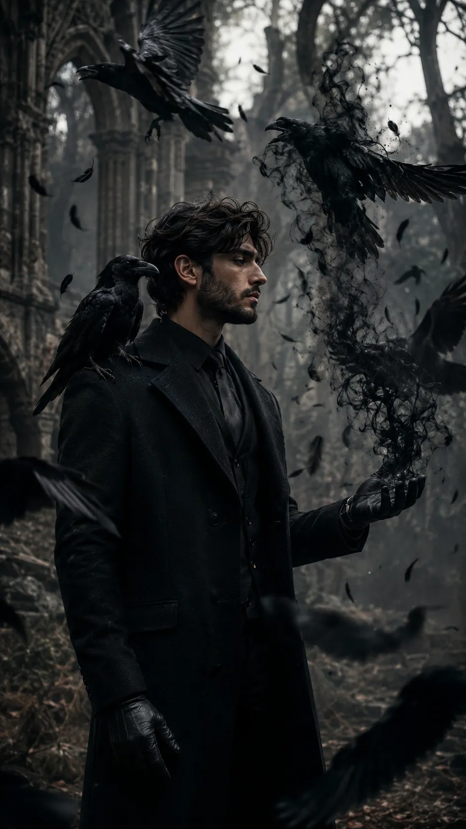 Dark fantasy portrait of a mysterious young man surrounded by ravens inside an ancient gothic forest with cinematic lighting.