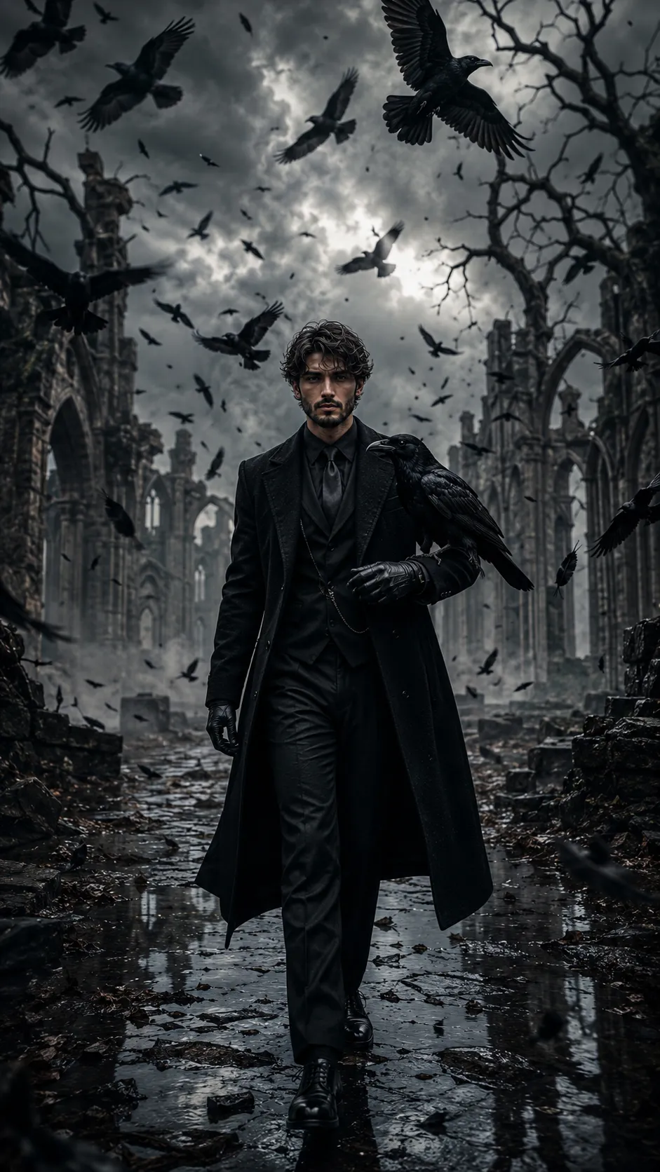 Cinematic fantasy portrait of a young man walking through gothic ruins while ravens swirl around him beneath a stormy sky
