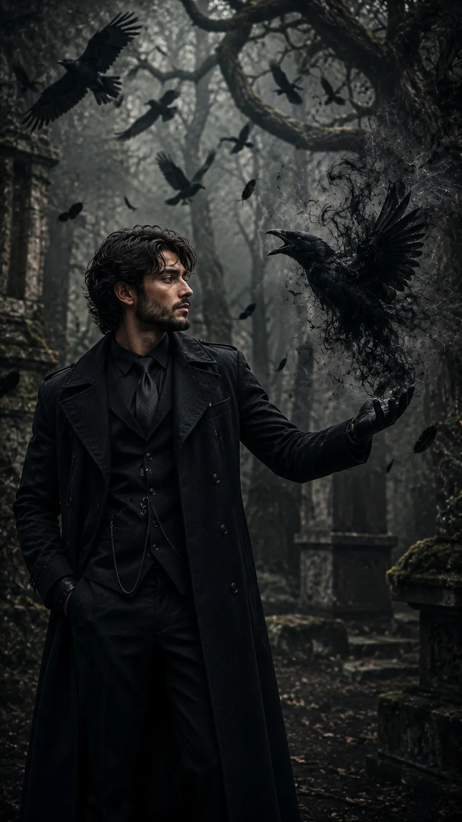 Dark fantasy portrait of a stylish young man holding a glowing raven formed from black feathers inside a haunted forest.
