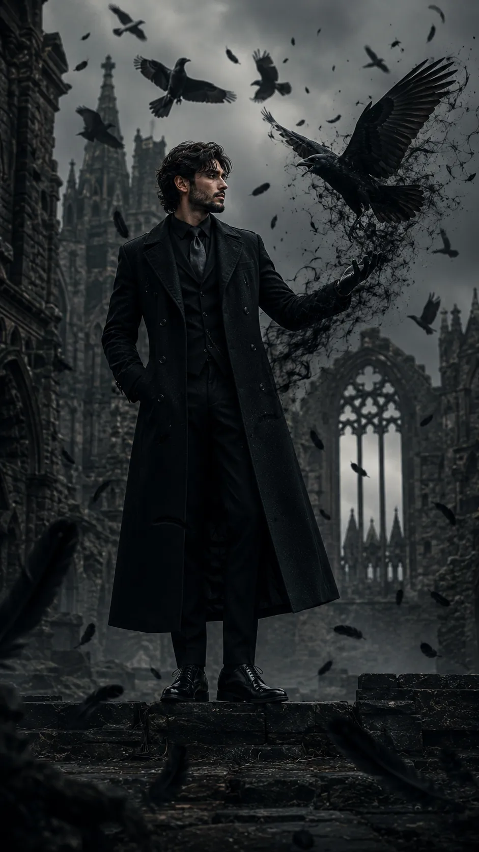 Luxury gothic editorial portrait of a mysterious man standing beneath flying ravens with cinematic fog and ancient ruins.
