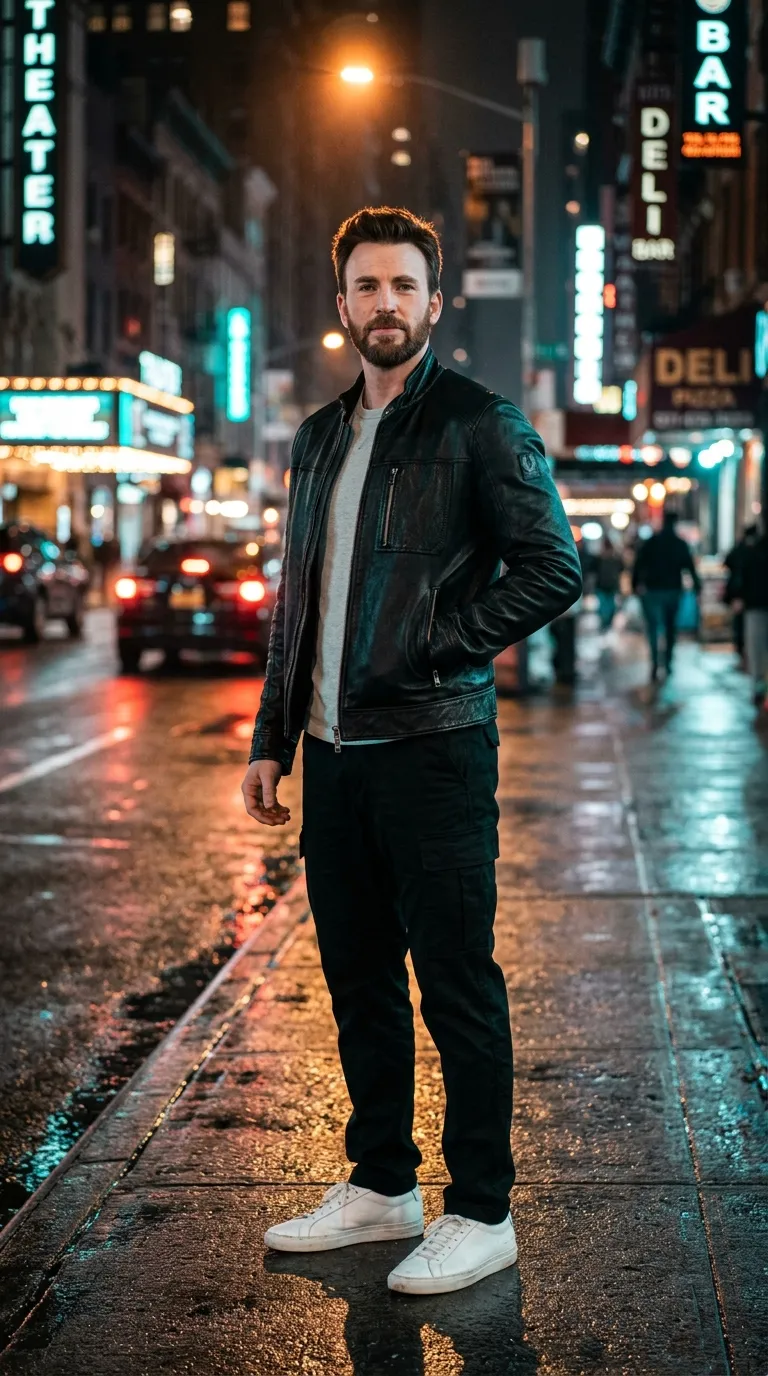 High-end cinematic urban fashion portrait of Chris Evans on a neon-lit rainy street.