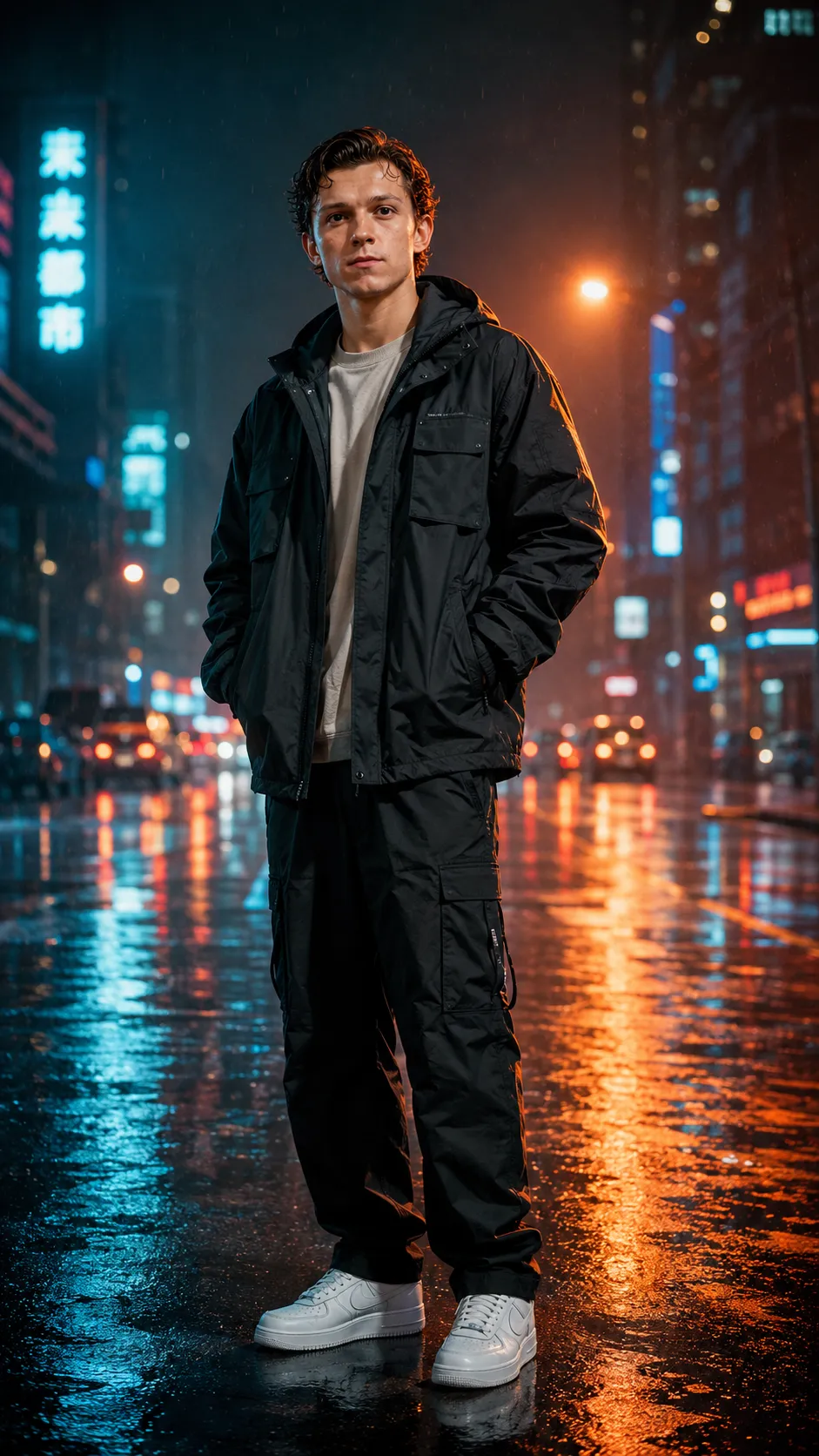 Cinematic night streetwear portrait of Tom Holland standing on a rain-soaked neon city street.