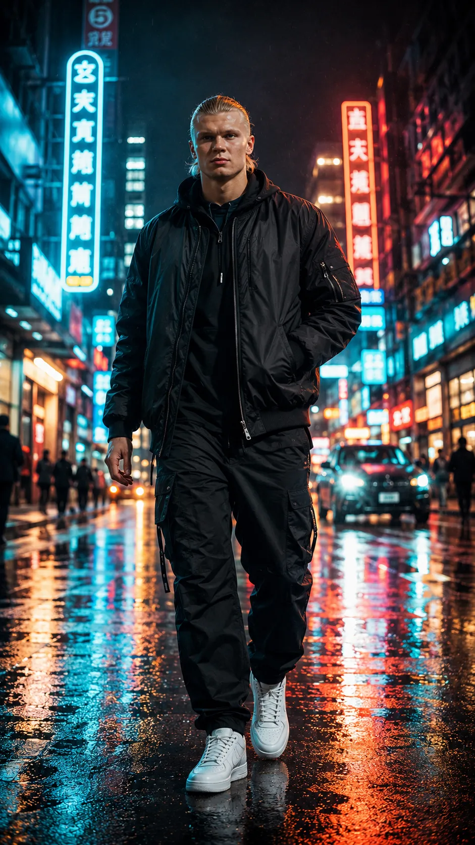 Luxury cinematic streetwear portrait of Erling Haaland walking through a neon-lit rainy city at night.
