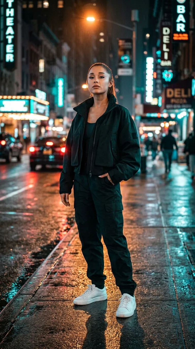Cinematic luxury street-fashion portrait of Ariana Grande in a neon-lit rainy city at night