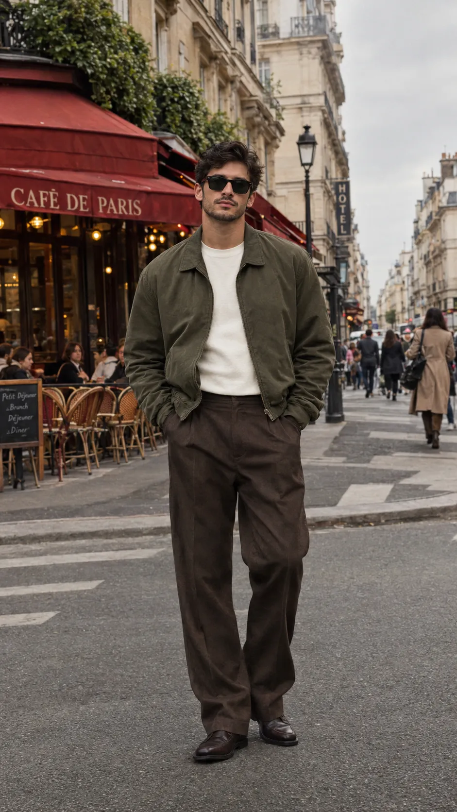Young man in olive green jacket and brown trousers on a European city street