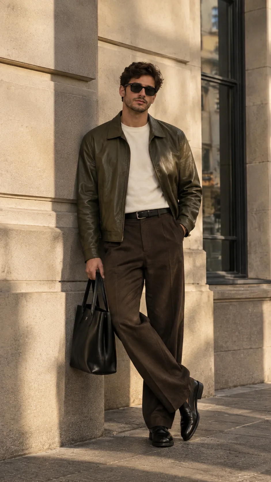 European men's fashion outfit with olive leather jacket and cream shirt