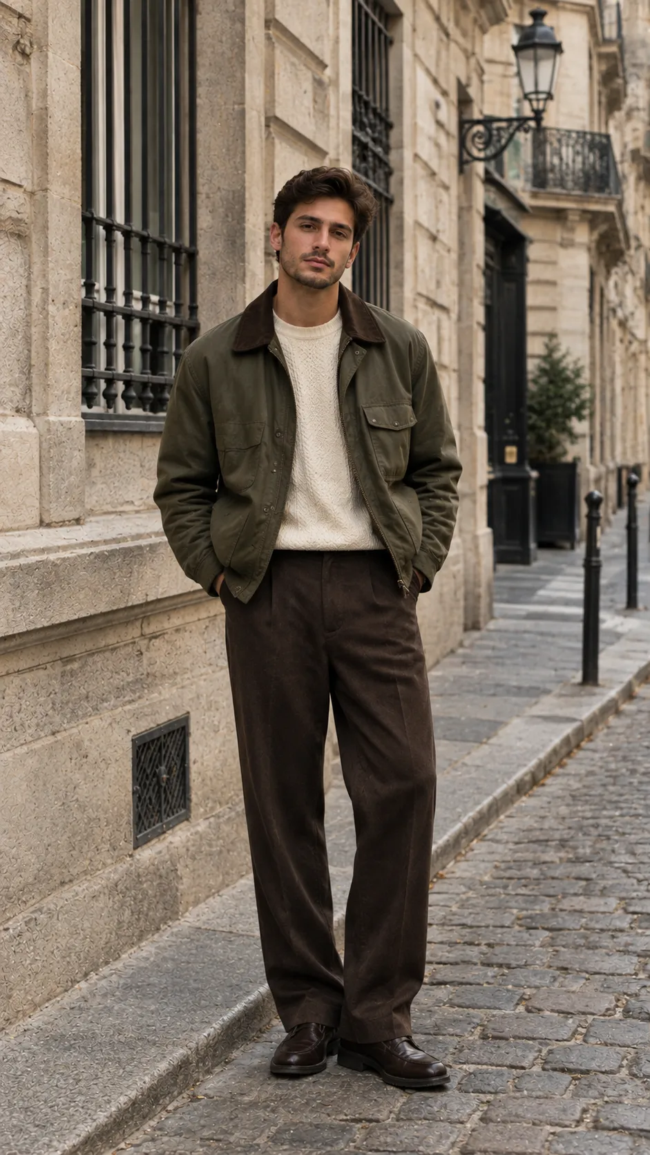 Olive green utility jacket with brown trousers men's fashion portrait