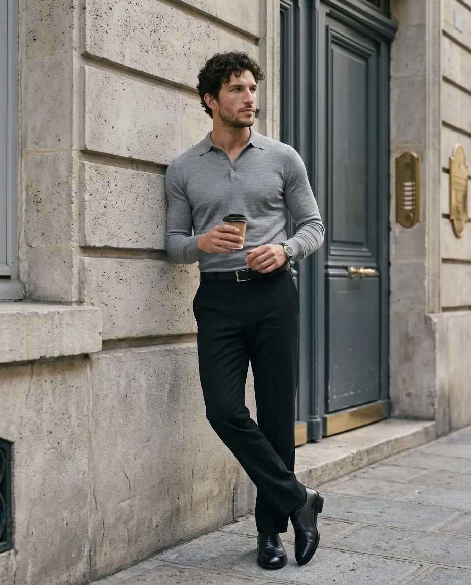Grey polo shirt men's fashion portrait with coffee and classic architecture