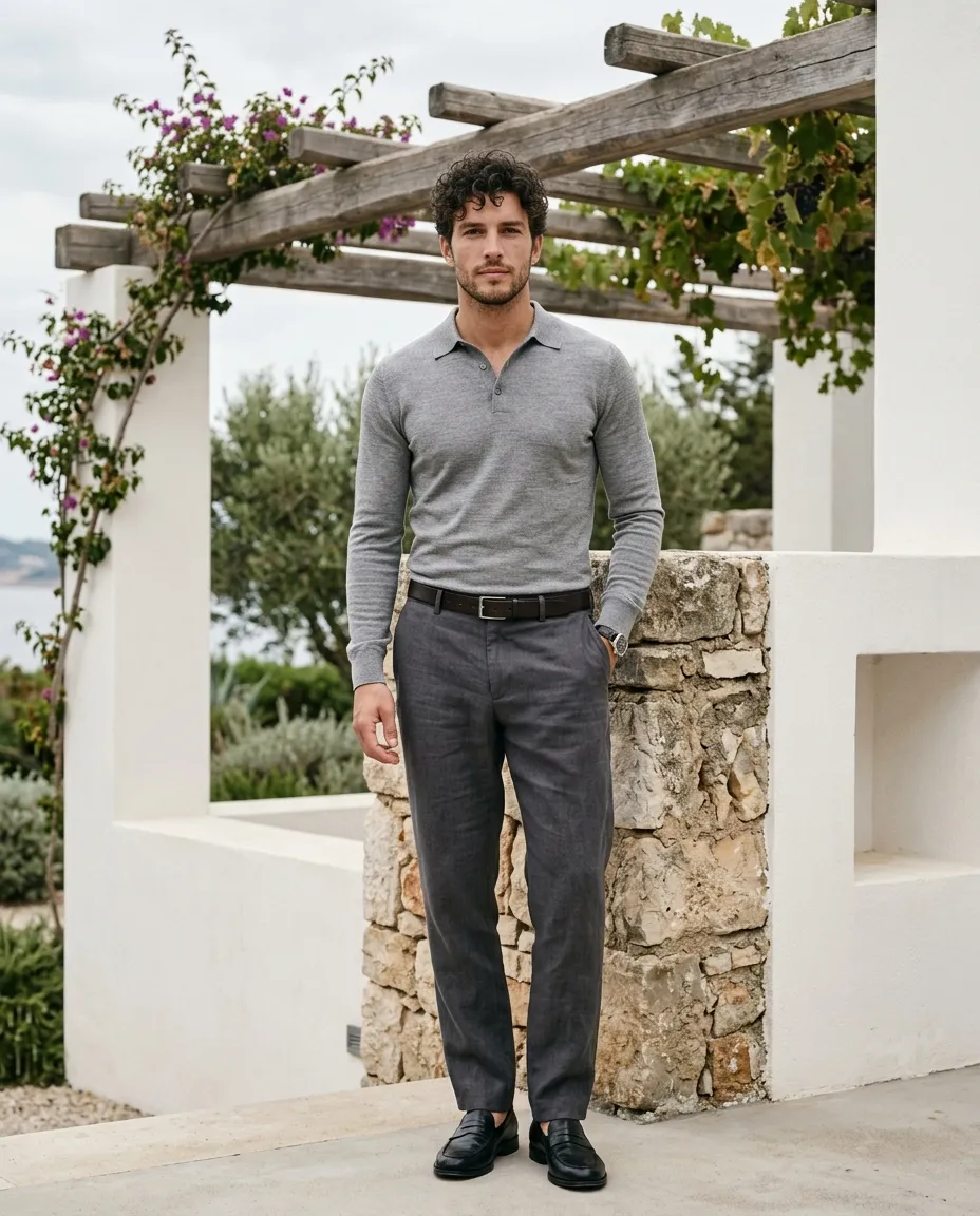 Grey long sleeve polo shirt men's outfit beside Mediterranean stone architecture